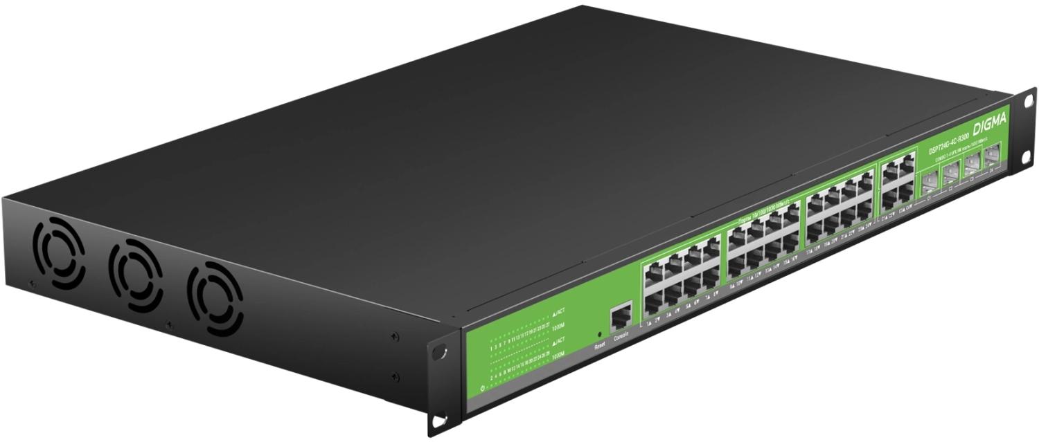 Коммутатор Digma DSP724G-4C-R300 (L2+) 24x1Гбит/с 4xКомбо(1000BASE-T/SFP) 24PoE 24PoE+ 300W управляемый
