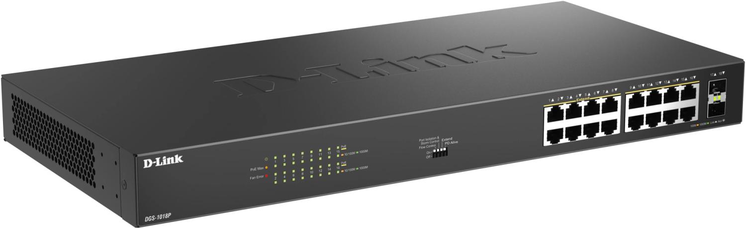 Коммутатор D-Link DGS-1018P DGS-1018P/B1A (L2) 16x1Гбит/с 2SFP 16PoE 240W неуправляемый
