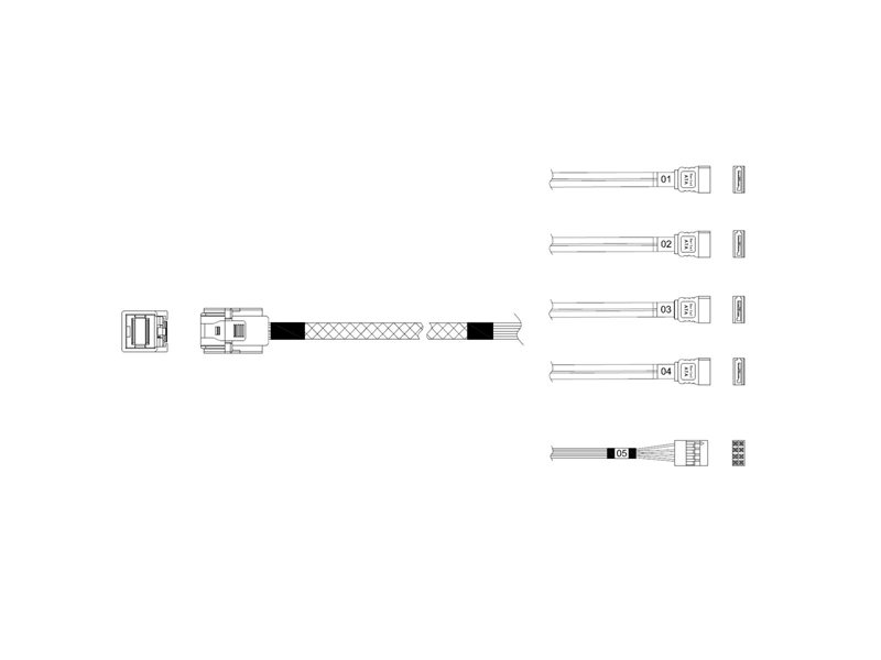 Кабель Miradeed  MD-6715031, HDmSAS SFF8643 -to- 4*SATA + SideBand, 12G, 85 Ohm, 80cm