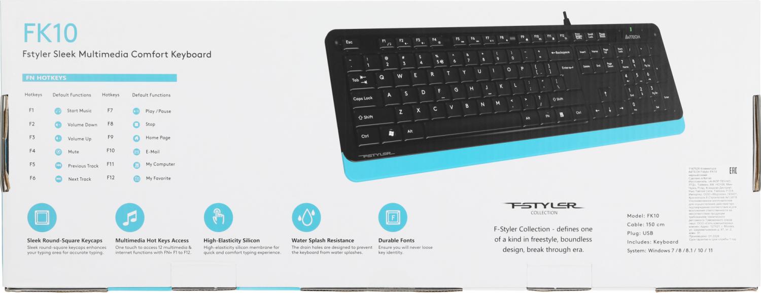 Клавиатура A4Tech FK10 черный/синий USB (FK10 BLUE) кабель 1.5м