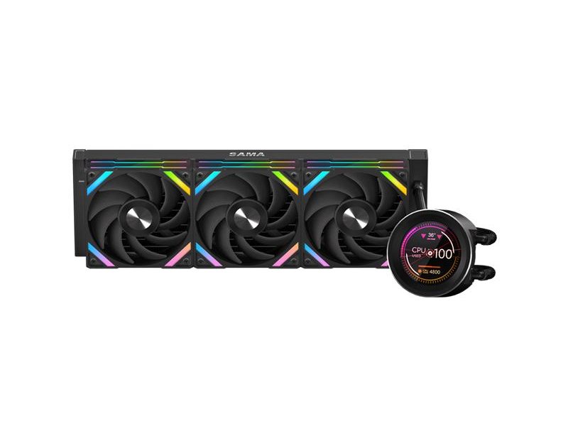 Водяное охлаждение для процессора/ Water Cooling System SAMA Q60 Black (360mm, LED temp., Black, ARGB/ Fans: 3x120mm, 86CFM, 30dBA, 2600RPM/ Pump height 64mm, 30dBA, 2800RPM, Rad thickness 27mm/ S: 1851, 1700, 1200, 20XX, 115X, AM5, AM4)