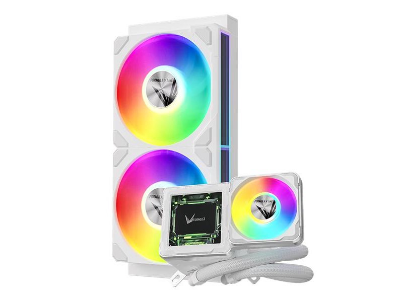 Система водяного охлаждения Formula V Line Cryo Wing Digi 240 WH, 240mm, LCD 2.73", 2x120mm, ARGB fans, LGA115X/1200/1700/1851/1366/2011/2066, AM3/AM4/AM5/Ryzen3/Ryzen5/Ryzen7/Threadripper/RT4