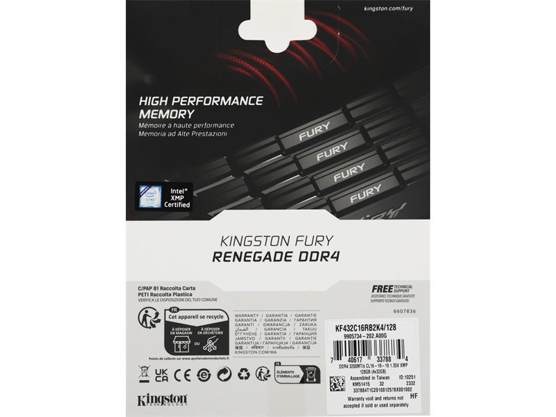 Память DDR4 4x32GB 3200MHz Kingston KF432C16RB2K4/128 Fury Renegade Black RTL Gaming PC4-25600 CL16 DIMM UDIMM 288-pin 1.35В kit dual rank с радиатором Ret