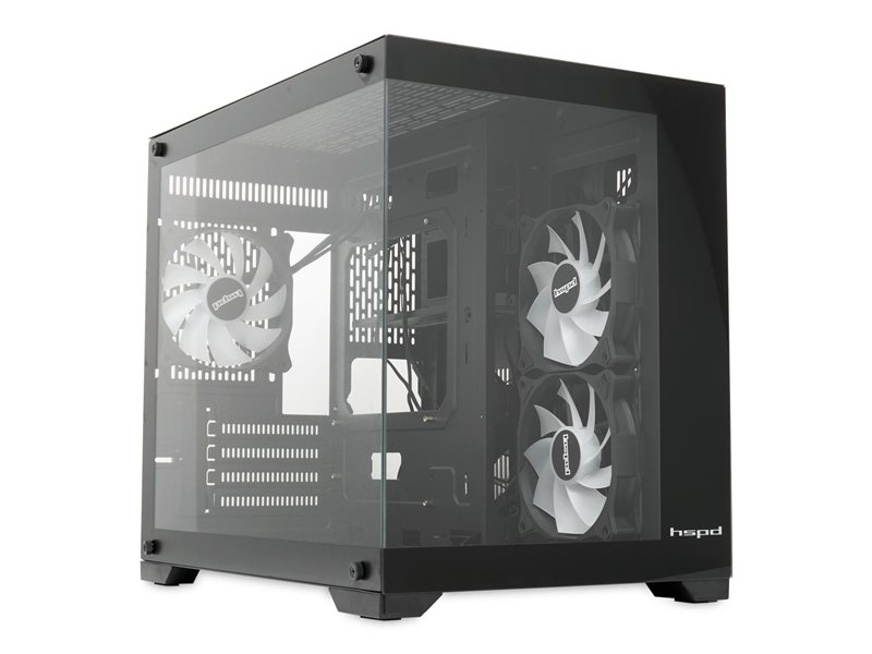 Корпус без блока питания/ Case HSPD F330, Panoramic Mini-tower, Black, TG, 0.5 SPCC, 3x120mm ARGB (FN027) mATX, mITX 160/400/200mm 1x2.5", 2x3.5", 4xPCI 1xUSB-C 3.0, 2xUSB-A1.0 428x280x375mm