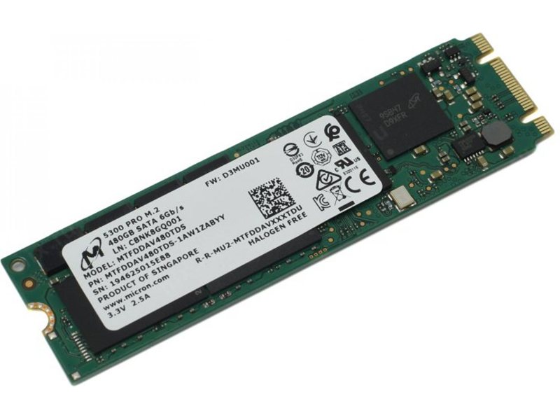 Твердотельный накопитель Micron 5300PRO 480GB SATA M.2(22x80mm) 3D TLC R540/W410MB/s MTTF 3М 85000/36000 IOPS 1324TBW SSD Enterprise Solid State Drive, 1 year, OEM