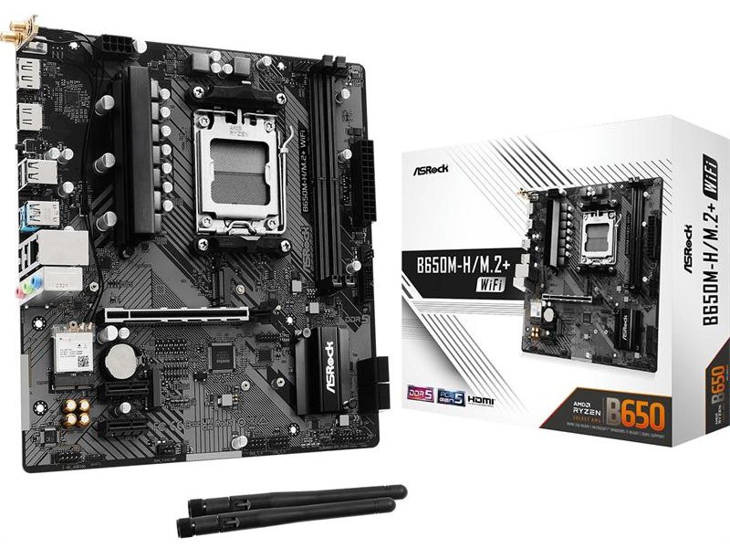 Материнская плата ASROCK B650M-H/M.2+WIFI, AM5, B650, 2*DDR5, 4*SATA, 2*M.2, 3*USB 3.2, 2*USB 2.0, Type-C,  1*PCIx16, 2*PCIx1, 1xM.2 (Key E), HDMI+DP, mATX