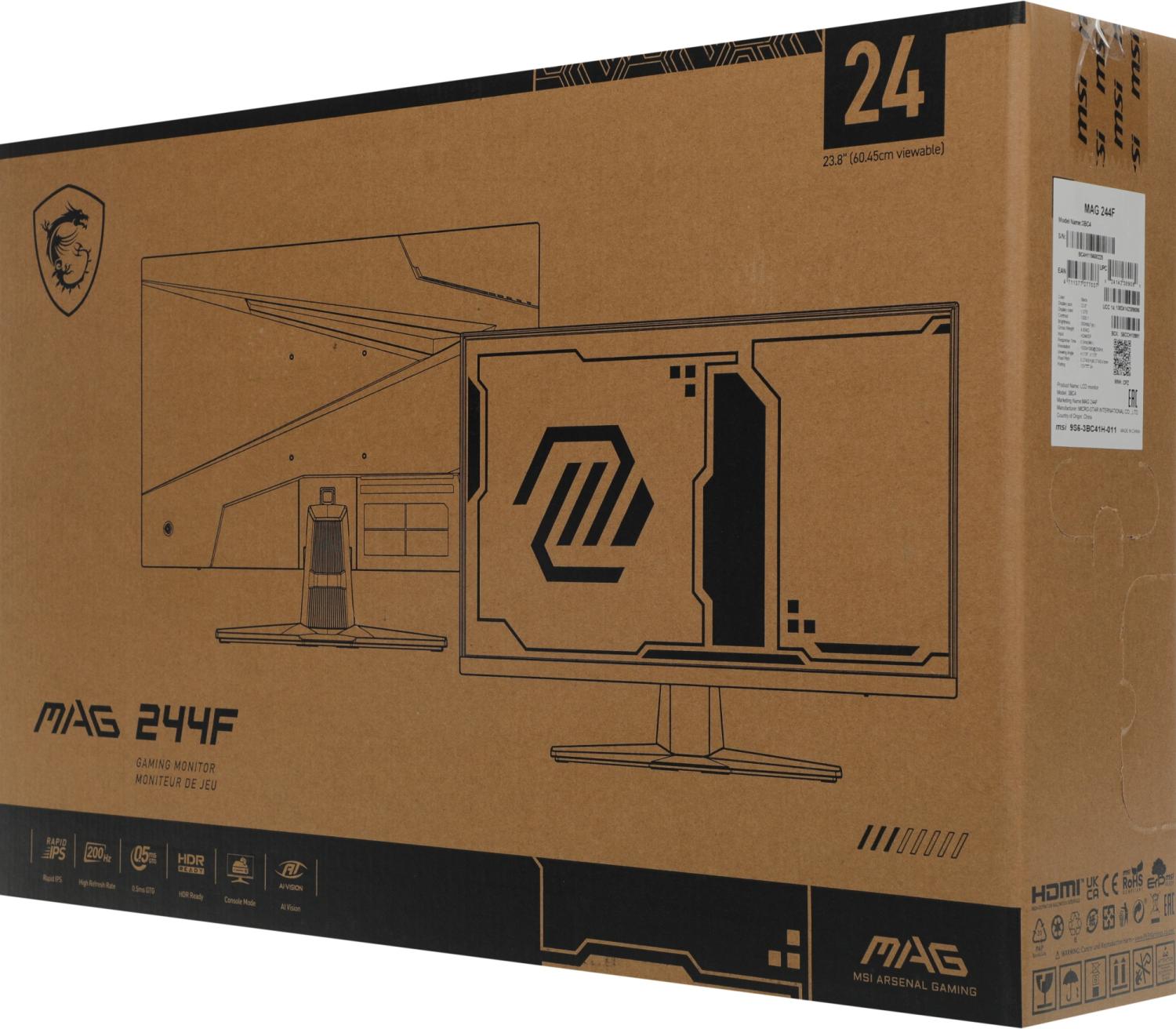 Монитор MSI 23.8" Mag 244F черный IPS LED 16:9 HDMI матовая 300cd 178гр/178гр 1920x1080 200Hz DP FHD 2.88кг