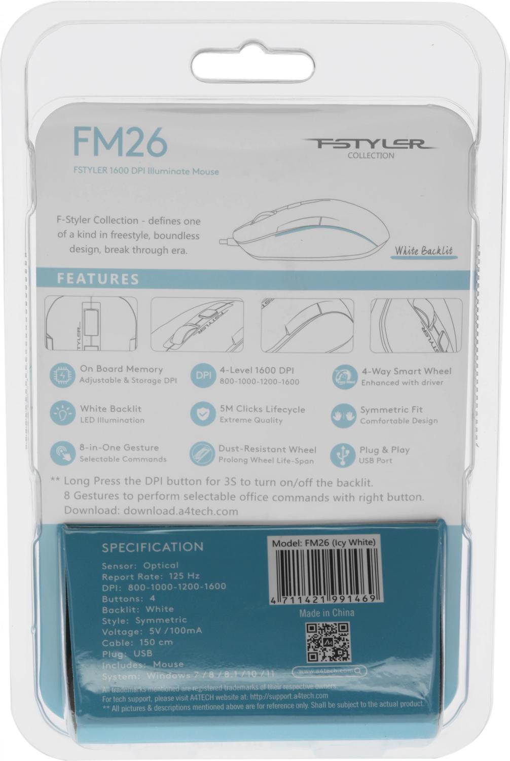 Мышь A4Tech Fstyler FM26 серебристый/белый оптическая 1600dpi USB для ноутбука 4but (FM26 USB (ICY WHITE))