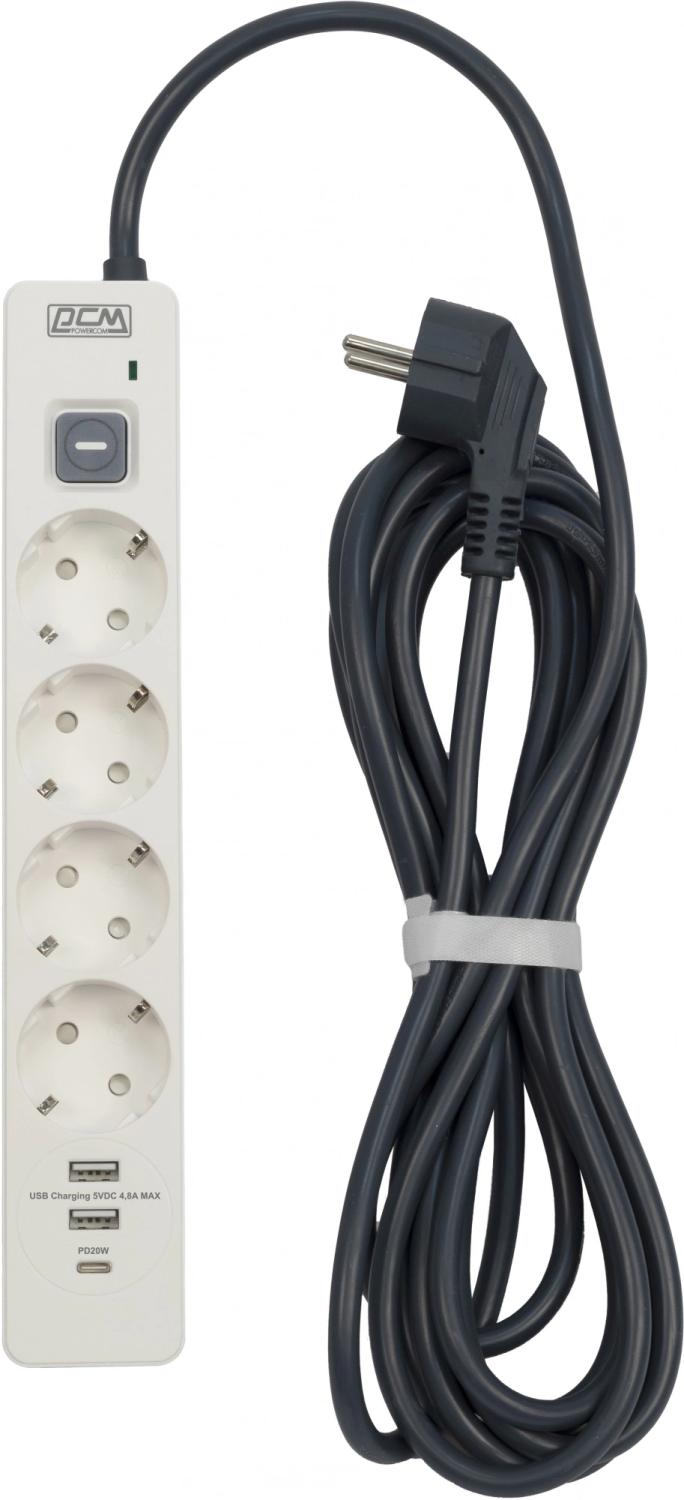 Сетевой фильтр Powercom SP-01 USB2A1CW 3,0М 3.0м (4 розетки) белый/серый (коробка)