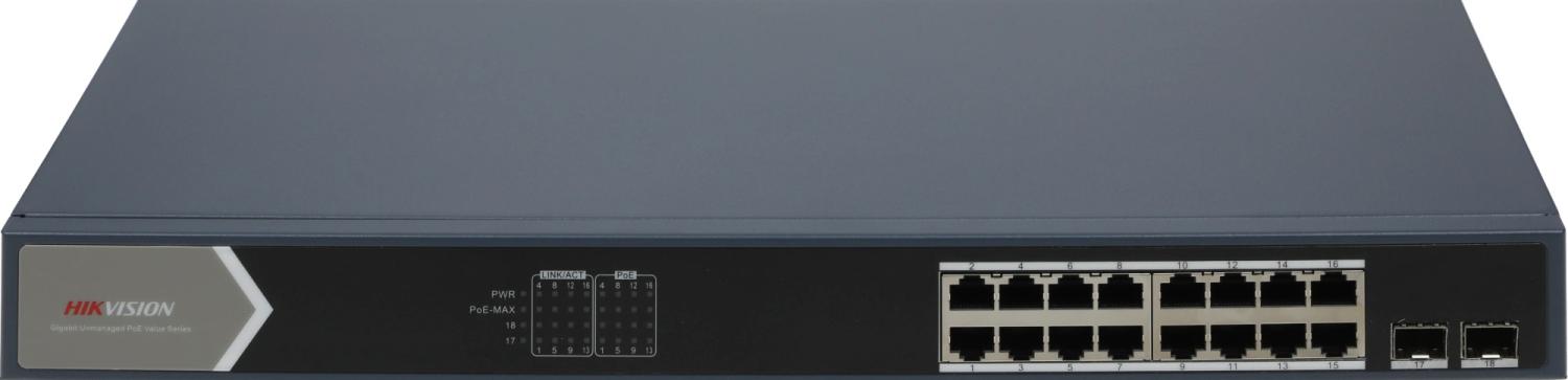 Коммутатор Hikvision DS-3E0518P-E/M(B) (L2) 16x1Гбит/с 2SFP 16PoE 125W неуправляемый