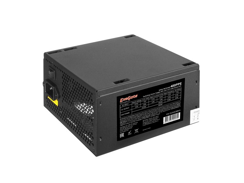 Exegate EX260638RUS-PC Блок питания 400W ExeGate 400PPE (ATX, APFC, PC, КПД 80% (80 PLUS), 12cm fan, 24pin, (4+4)pin, PCIe, 5xSATA, 3xIDE, black, кабель 220V в комплекте)