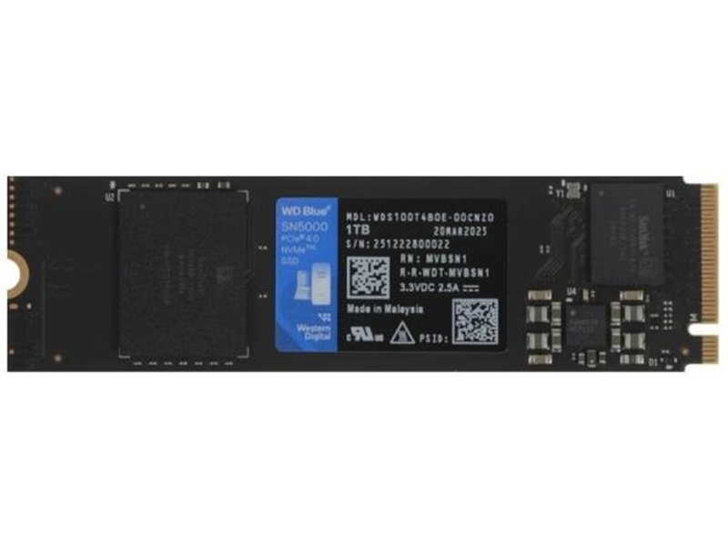 Твердотельный накопитель Western Digital Blue SN5100 SSD M2.2280 PCIe 4.0 1Tb, 7100MBs/6700MBs, TBW 600, WDS100T5B0E, 1 year