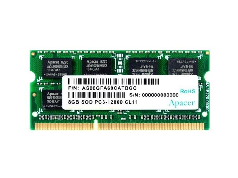 Модуль памяти Apacer 8GB Apacer DDR3 1600 SO DIMM DS.08G2K.KAM AS08GFA60CATBGC, Non-ECC, CL11, 1.5V, 2R, 512x8, RTL DS.08G2K.KAM (886897)