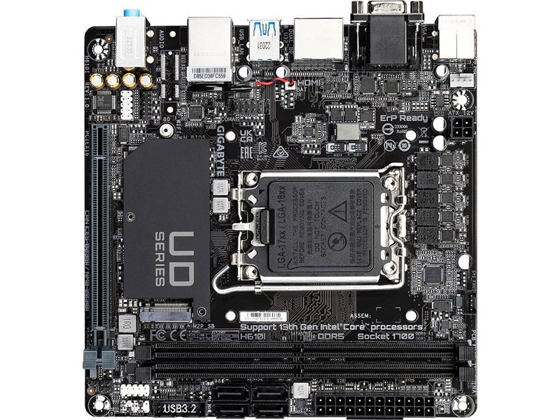 Материнская плата MB GIGABYTE INTEL H610 s1700, 2xDDR5(64GB), D-SUB/HDMI 2.1/2xDP, 1xPCIe 4.0x16, 1xLAN, 4xSATA 6Gb/s, 1xM.2, 2xUSB 3.2, 4xUSB 2.0, mini ITX