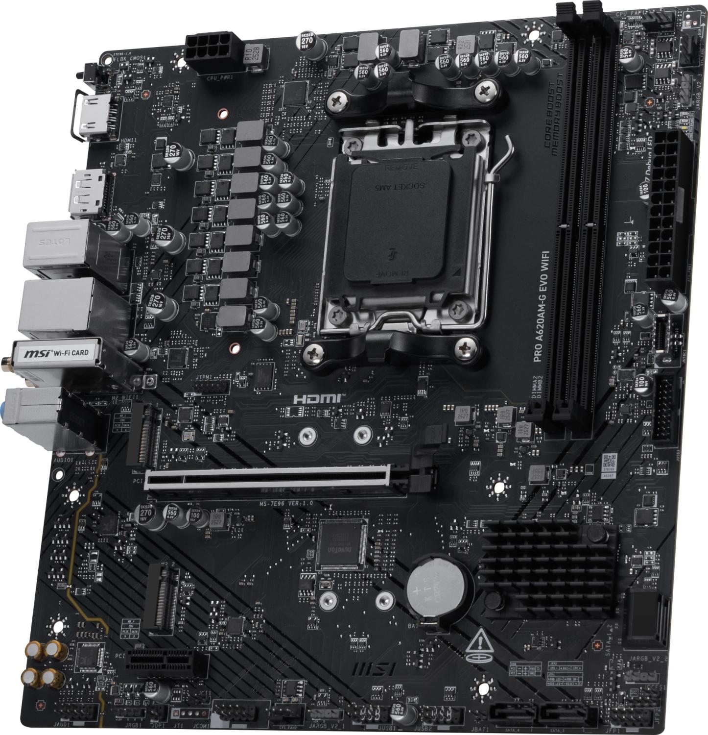 Материнская плата MSI PRO A620AM-G EVO WIFI Socket AM5 AMD A620A 2xDDR5 mATX AC`97 8ch(7.1) 2.5Gg RAID+VGA+HDMI+DP