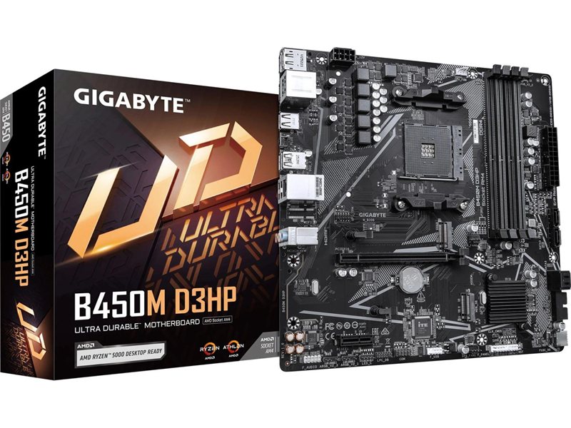 Материнская палата GIGABYTE B450M D3HP, AM4, B450, 4*DDR4, 4*SATA, 2*M.2, 4*USB 3.2, 4*USB 2.0, 1*PCIx16, 1*PCIx1, HDMI+DP, mATX