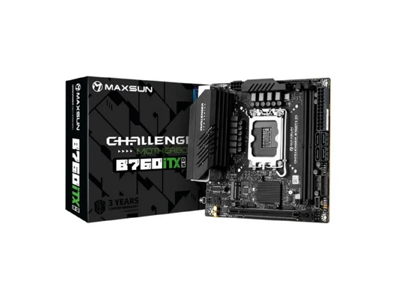 MAXSUN MS-Challenger B760ITX D5 (Socket 1700, mini-ITX, 2*DDR5, 2*HDMI/2*DP, 4*SATA3,  2*M.2, 1xPCI-E x16,  4*USB 2.0,  2 x USB 3.2 Gen1, LAN 1*1G/1*2.5G,  RTL)