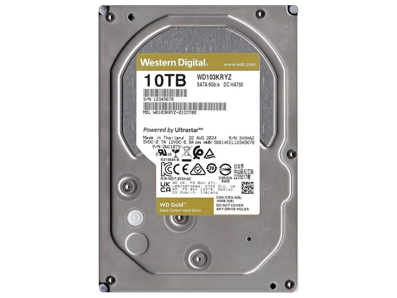 Жесткий диск Western Digital GOLD HDD SATA 10TB, 7200rpm, 512MB buffer, 512e, WD103KRYZ, 1 year