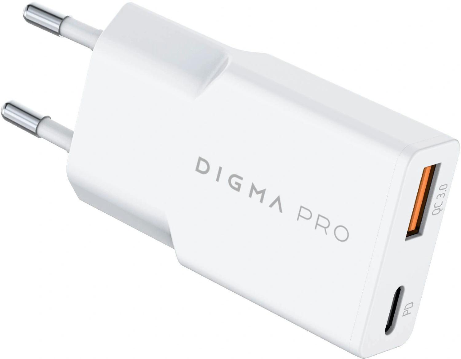Сетевое зар./устр. Digma Pro DPW2A 20W 3A (PD+QC) USB-C/USB-A универсальное белый (DPW2A2GX11WH)