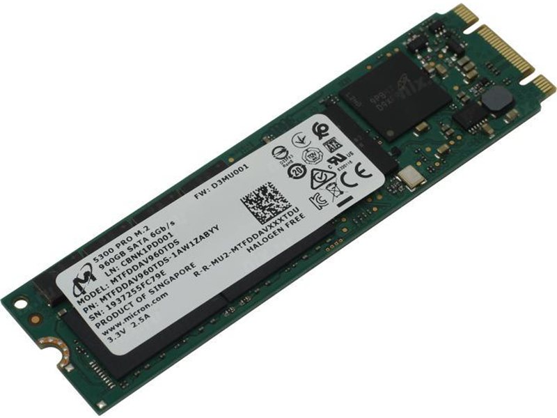 Твердотельный накопитель Micron 5300PRO 960GB SATA M.2(22x80mm) 3D TLC R540/W520MB/s MTTF 3М 95000/35000 IOPS 2628TBW SSD Enterprise Solid State Drive, 1 year, OEM