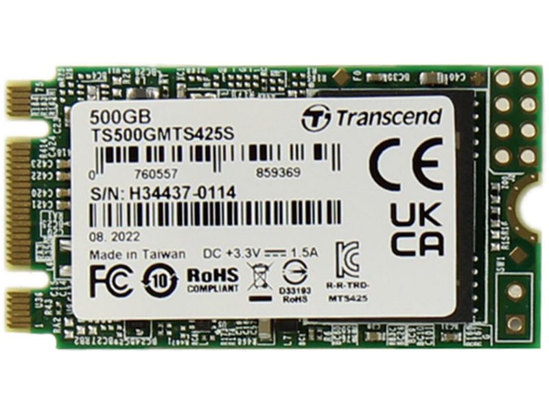 Твердотельный накопитель/ Transcend SSD 425S, 500GB, M.2(22x42mm), SATA3, 3D TLC, R/W 530/480MB/s, IOPs 50 000/75 000, TBW 180, DWPD 0.3 (12 мес.)
