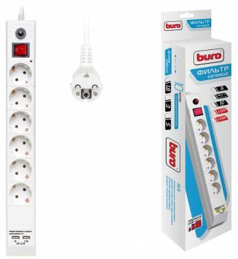 Сетевой фильтр Buro BU-SP1.8_USB_2A-W 1.8м (6 розеток) белый (коробка)