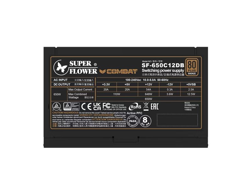 Блок питания 650Вт/ Power Supply Super Flower Combat DB, 650W, ATX, 120mm, 4xSATA, 3xPCI-E(6+2), APFC, 80+ Bronze, non-Modular