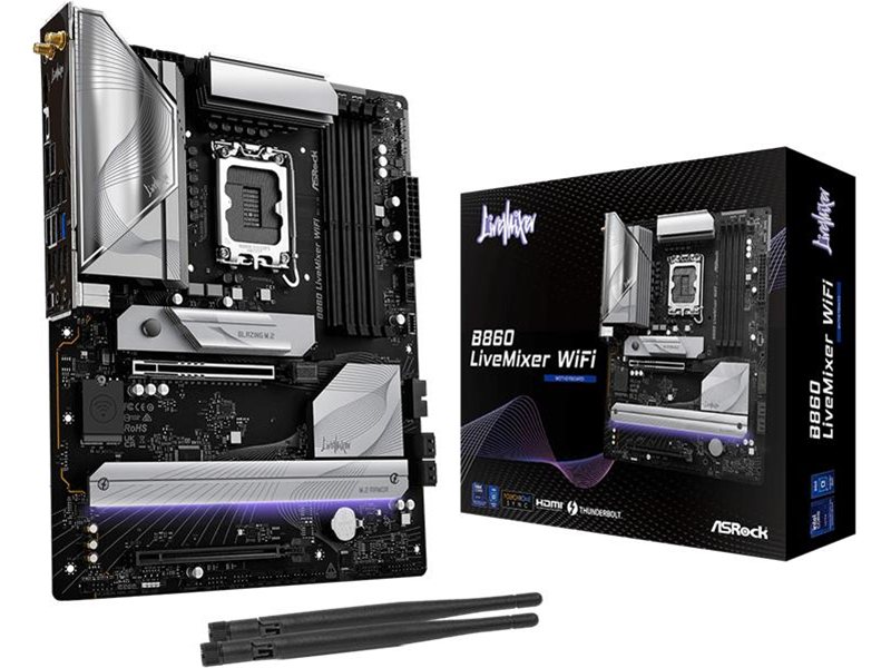 Материнская плата ASROCK B860 LIVEMIXER WIFI, LGA1851, B860, 4*DDR5, 4*SATA, 3*M.2, 6*USB 3.2, 6*USB 2.0, Type-C, 2*PCIx16, 1*M.2 (Key E), HDMI, ATX