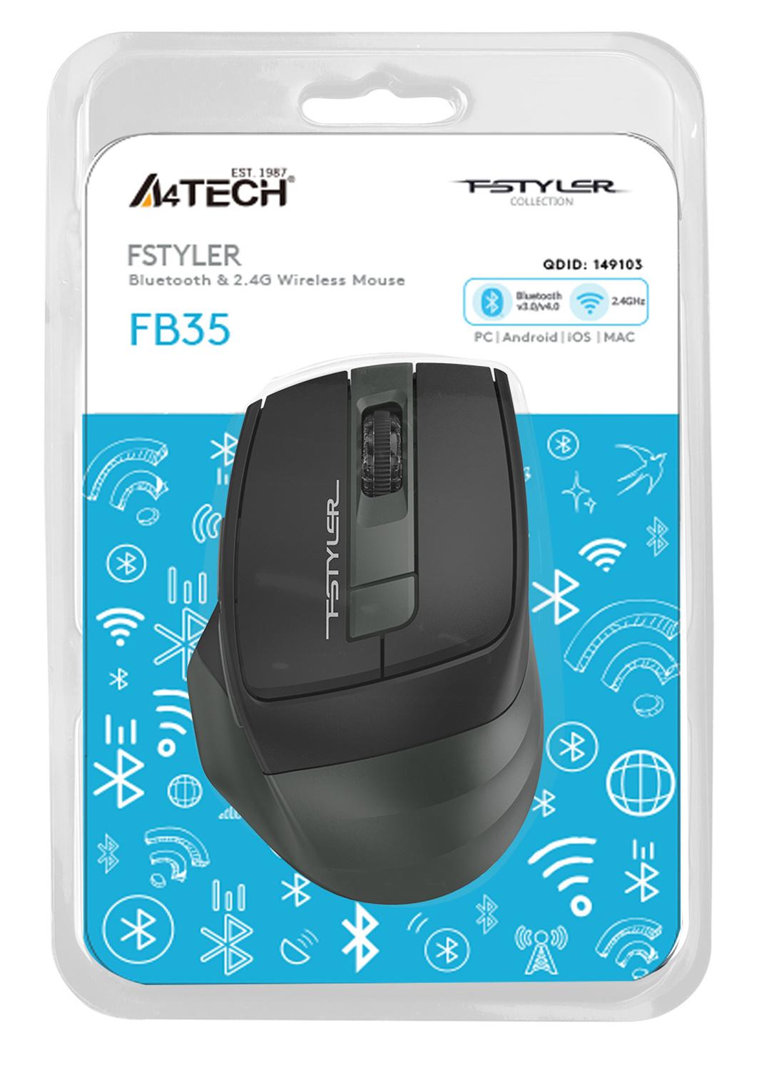 Мышь A4Tech Fstyler FB35 зеленый/черный оптическая 2000dpi беспров. BT/Radio USB для ноутбука 6but (FB35 MIDLIGHT GREEN)