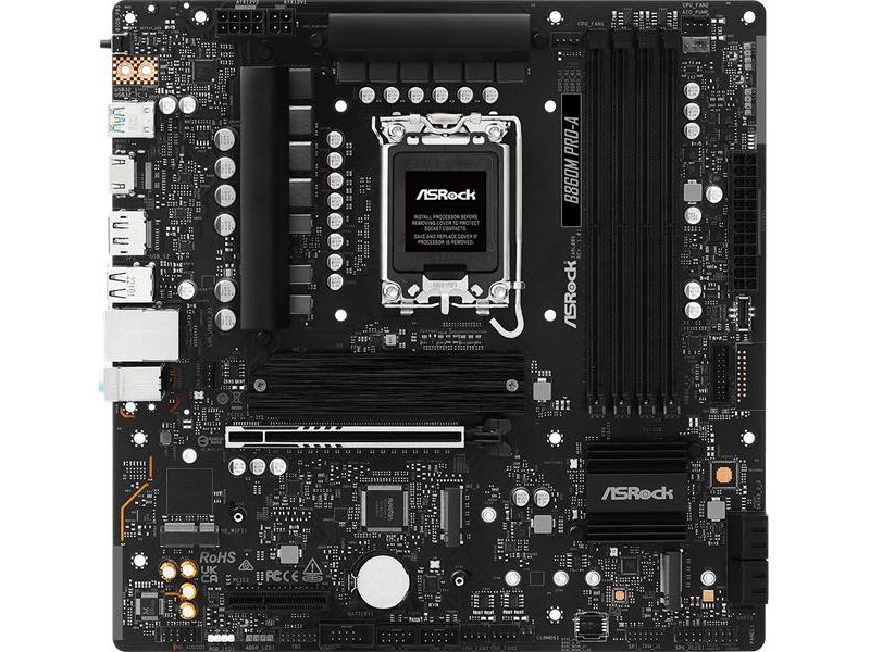 Материнская плата ASROCK B860M PRO-A, LGA1851, B860, 4*DDR5, 4*SATA, 4*M.2, 6*USB 3.2, 2*USB 2.0, Type-C, 2*PCIx16, 1*M.2 (Key E), HDMI+DP, mATX