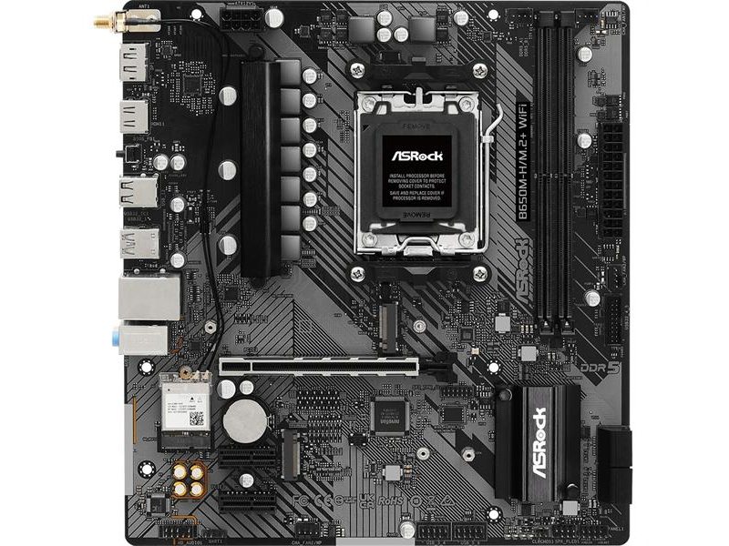Материнская плата ASROCK B650M-H/M.2+WIFI, AM5, B650, 2*DDR5, 4*SATA, 2*M.2, 3*USB 3.2, 2*USB 2.0, Type-C, 1*PCIx16, 2*PCIx1, 1xM.2 (Key E), HDMI+DP, mATX