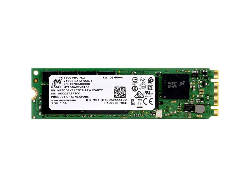 Твердотельный накопитель/ Micron SSD 5300 PRO, 240GB, M.2(22x80mm), SATA3, 3D TLC, R/W 540/310MB/s, IOPs 67 000/40 000, TBW 657, DWPD 1.5 (12 мес.)