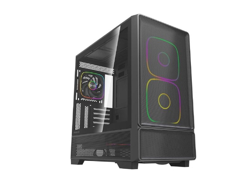 Powercase Корпус AX5, Black, TG, Type-C, 2x 140mm +3x 120mm ARGB PWM Fans, ARGB+PWM HUB, Nylon filters, чёрный, ATX  (CJXA-A5)