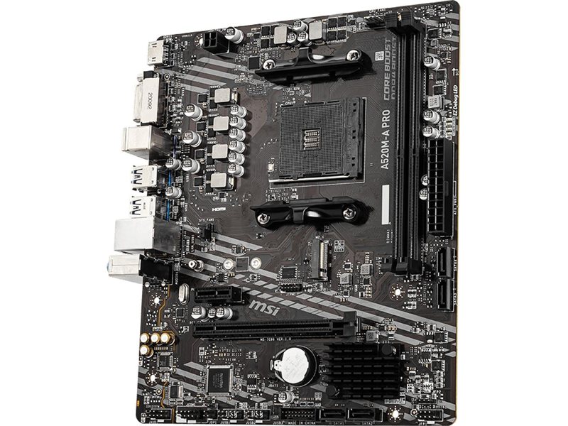 Материнская плата/ MB MSI AMD A520 sAM4, 2xDDR4(64GB), DVI-D/HDMI 2.1, 1xPCIe 3.0x16, 1xPCIe 3.0, 1xLAN, 4xSATA 6Gb/s, 1xM.2, 4xUSB 3.2, 2xUSB 2.0, 1xPS/2, mATX
