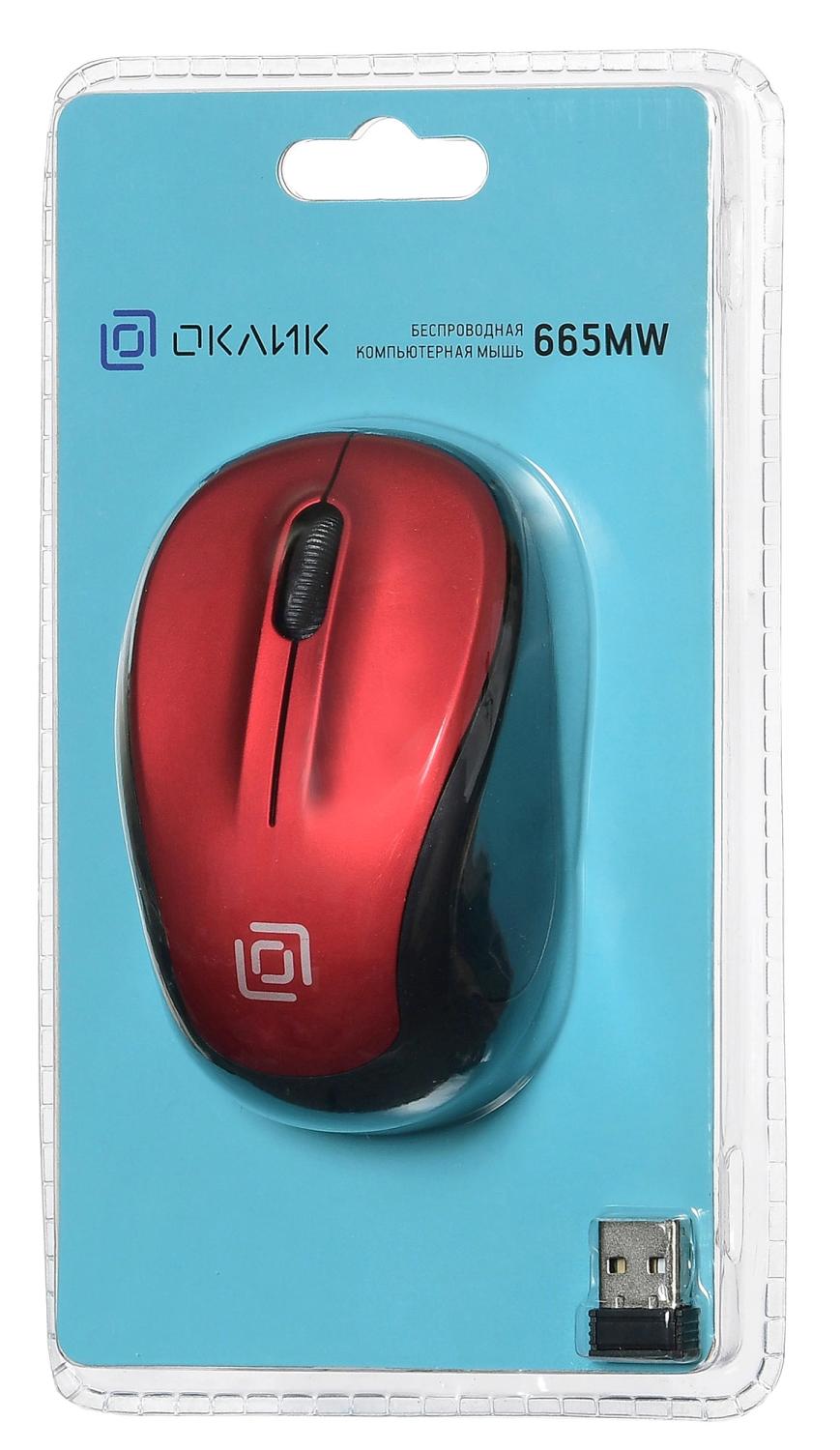 Мышь Оклик 665MW черный/красный оптическая 1600dpi беспров. USB для ноутбука 3but (1025135)