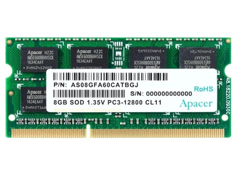 Модуль памяти Apacer 8GB Apacer DDR3 1600 SO DIMM DS.08G2K.KAM AS08GFA60CATBGC, Non-ECC, CL11, 1.5V, 2R, 512x8, RTL DS.08G2K.KAM (886897)