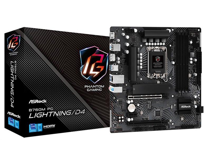 Материнская плата ASROCK B760M PG LIGHTNING/D4, LGA1700, B760, 4*DDR4, 4*SATA, 3*M.2, 3*USB 3.2, 2*USB 2.0, Type-C, 2*PCIx16, 1*M.2 (Key E), HDMI+DP, mATX