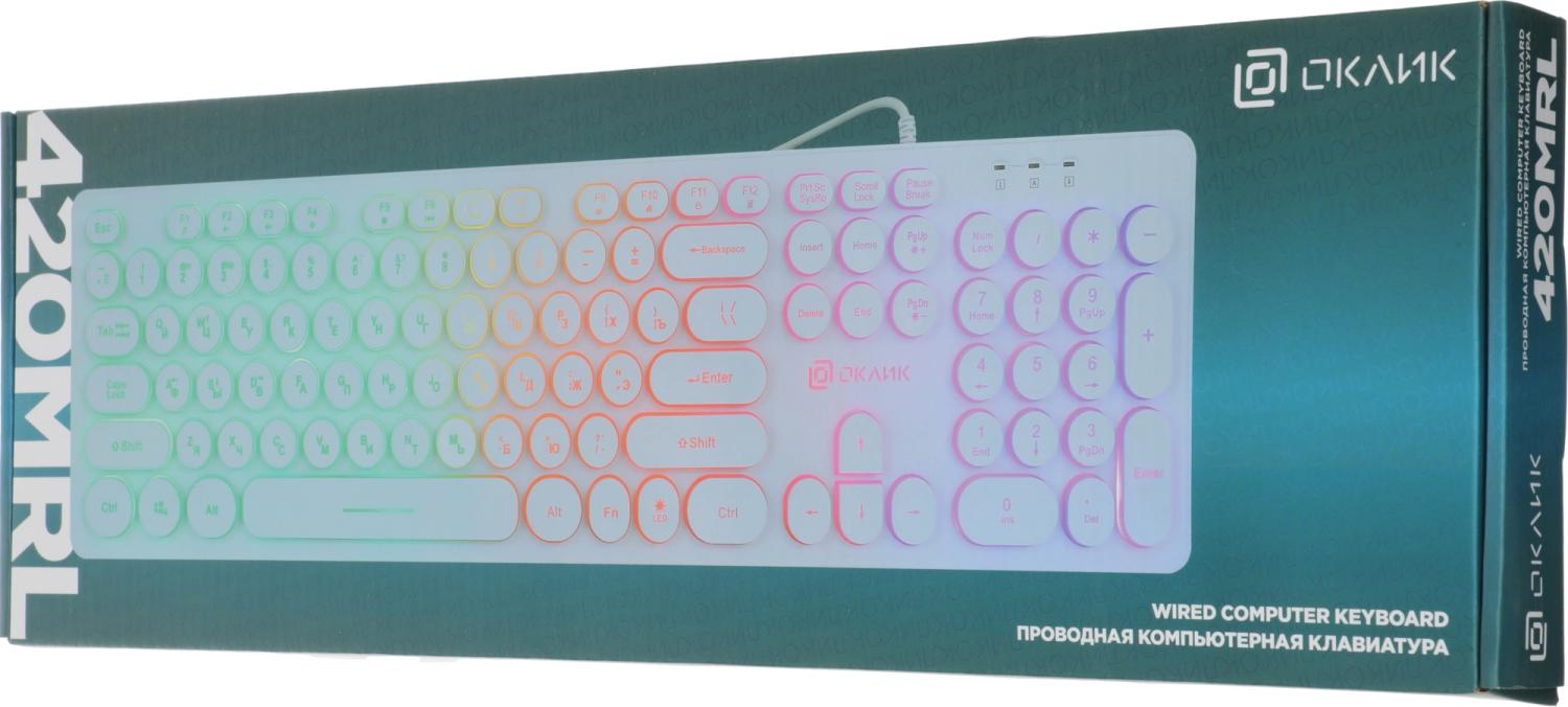 Клавиатура Оклик 420MRL белый USB slim Multimedia LED (1091227) кабель 1.5м
