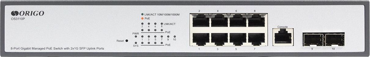 Коммутатор Origo OS3110P OS3110P/135W/A1A (L2) 8x1Гбит/с 2xКомбо(1000BASE-T/SFP) 2SFP 8PoE 8PoE+ 135W управляемый