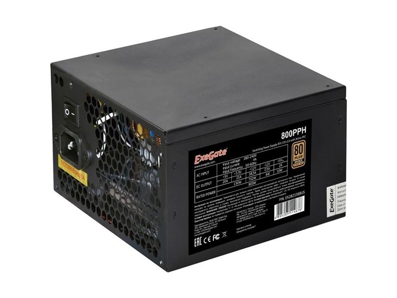 Exegate EX282156RUS Блок питания 800W ExeGate 80 PLUS® Bronze 800PPH (ATX, APFC, КПД 89% (80 PLUS Bronze), 12cm fan, 20+4pin, 2x(4+4)pin, 4xPCI-E, 8xSATA, 4xIDE, black, Color Box)