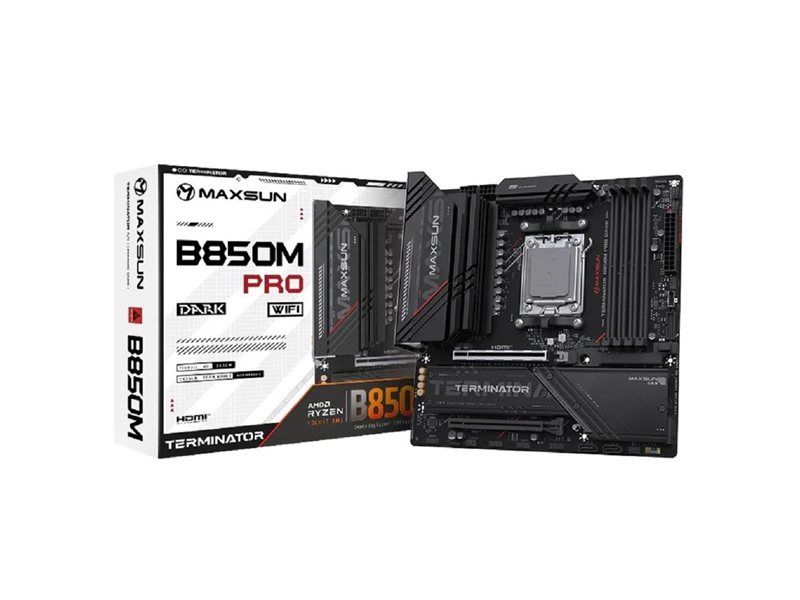MAXSUN MS-Terminator B850M PRO DARK WIFI (Socket AM5, mATX, 4*DDR5(192Gb), DP/HDMI, 2*SATA3, 3*M.2, 1*PCIEx16/1*PCIEx4, 1* Type-C, 4*USB 2.0, 4*USB 3.2, LAN 1*2.5G, SPDIF, WiFi 6E,  RTL)