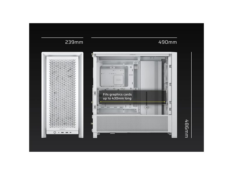Корпус без блока питания/ Case Corsair Frame 4000D RS, Midi-Tower, TG, 3x120mm, 2xUSB-A 3.2, 1xUSB 3.2 Type-C, E-ATX, ATX, mATX, mITX White