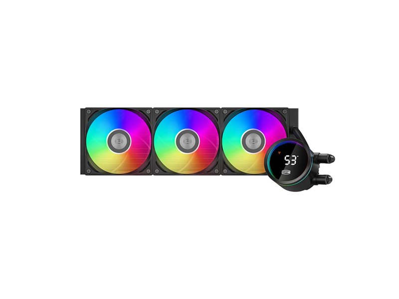 Система охлаждения/ Water Cooling System PCCooler DA360 Pro ARGB Digital BK (300W, 360mm, LED temp., Black, ARGB/ Fans: 3x120mm, 75.8CFM, 33.7dBA, 2200RPM/ Pump height 57mm, 28dBA, 3000RPM, Rad thickness 27mm/ S: 1851, 1700, 1200, 20XX, 115X, AM5, AM4)