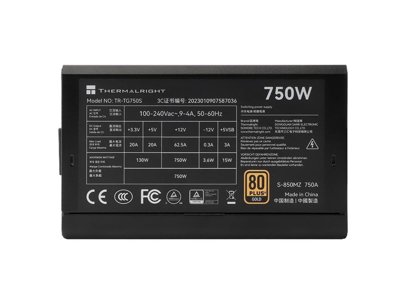 Блок питания ПК/ Power Supply Thermalright, 750W 80+ Gold (ATX, 3.0, PCIe 5.0, Non-modular, 1x24(20+4)pin, 1xCPU 8(4+4)pin, 2xPCIe*2 8(6+2)pin, 5xSATA3, 1x12+4pin (12VHPWR PCIe 5.0 12+4pin 600mm), 3xMOLEX4pin, Active, 120x120mm, 150x140x86mm, APFC, black)