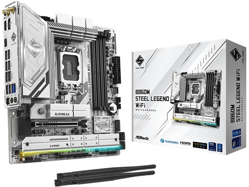 Материнская плата ASROCK B860M STEEL LEGEND WIFI, LGA1851, B860, 4*DDR5, 4*SATA, 4*M.2, 4*USB 3.2, 2*USB 2.0, Type-C, 2*PCIx16, 1*M.2 (Key E), HDMI+DP, mATX