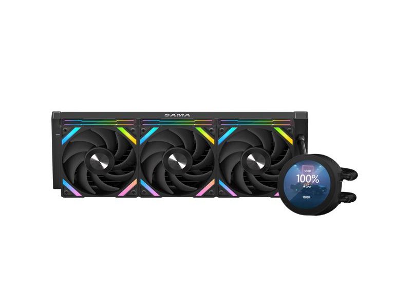 Водяное охлаждение для процессора/ Water Cooling System SAMA Q70 Black (360mm, LED temp., Black, ARGB/ Fans: 3x120mm, 86CFM, 30dBA, 2600RPM/ Pump height 64mm, 30dBA, 2800RPM, Rad thickness 27mm/ S: 1851, 1700, 1200, 20XX, 115X, AM5, AM4)