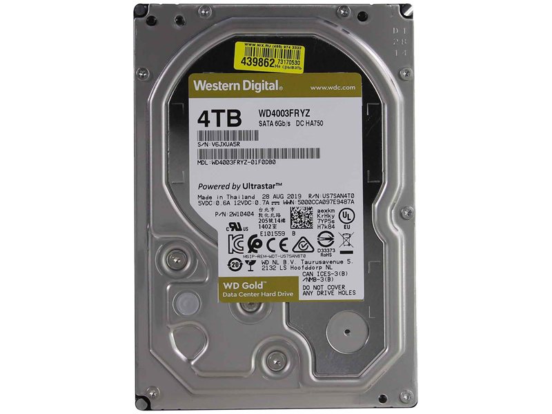 Жесткий диск/ HDD WD SATA3 4Tb Gold 7200 256mb 1 year warranty