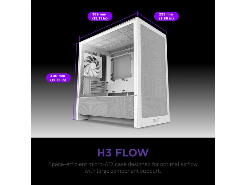 Корпус без блока питания/ Case NZXT H3 Flow (2025), Midi-Tower, TG, 1x120mm, 1xUSB-A 3.2 + 1xUSB-C 3.2, mATX, mITX White