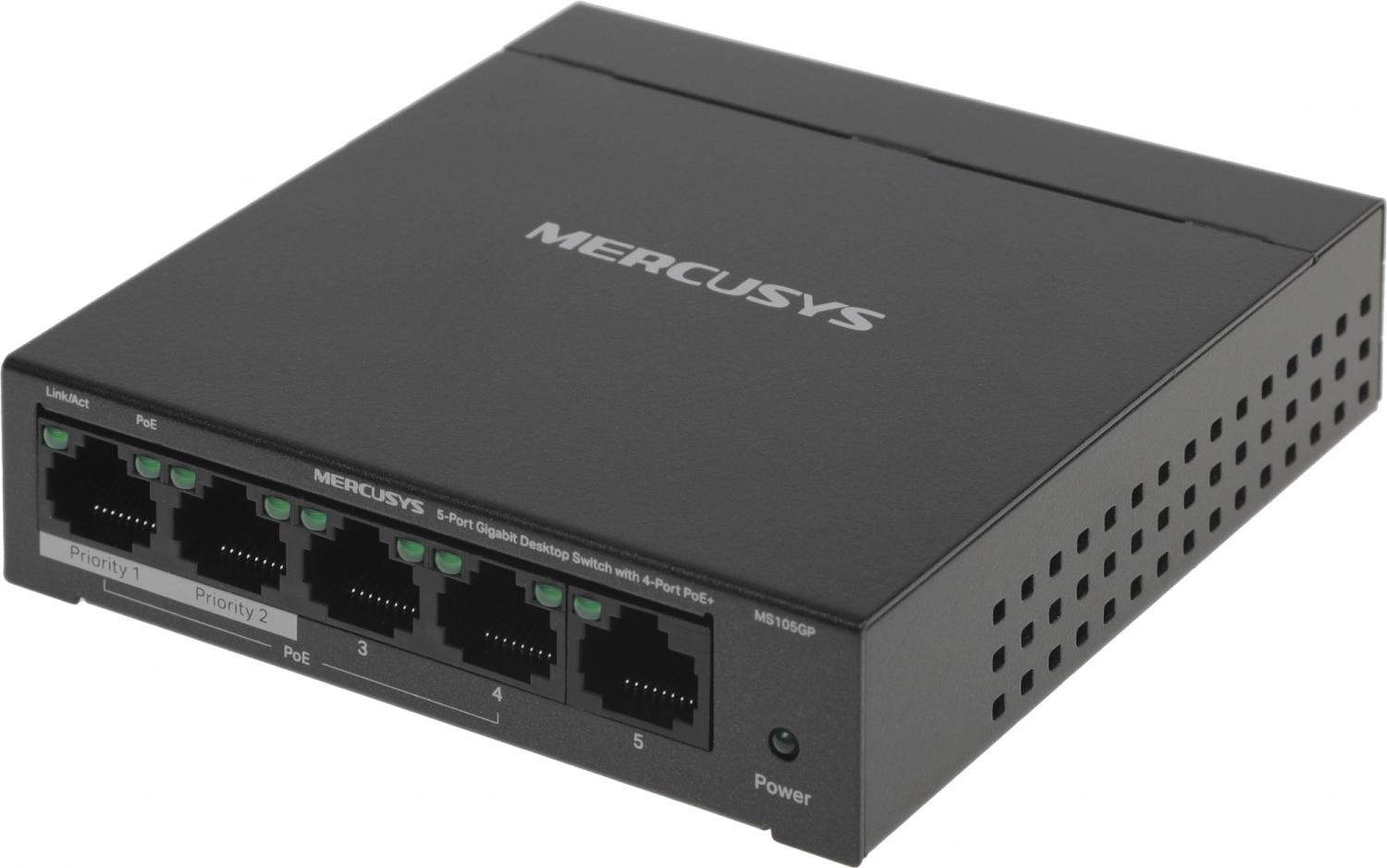 Коммутатор Mercusys MS105GP (L2) 5x1Гбит/с 4PoE+ 65W неуправляемый