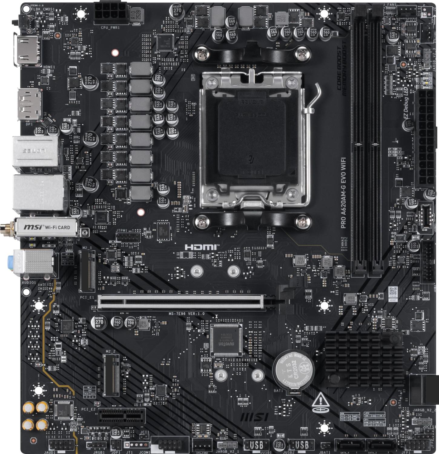 Материнская плата MSI PRO A620AM-G EVO WIFI Socket AM5 AMD A620A 2xDDR5 mATX AC`97 8ch(7.1) 2.5Gg RAID+VGA+HDMI+DP